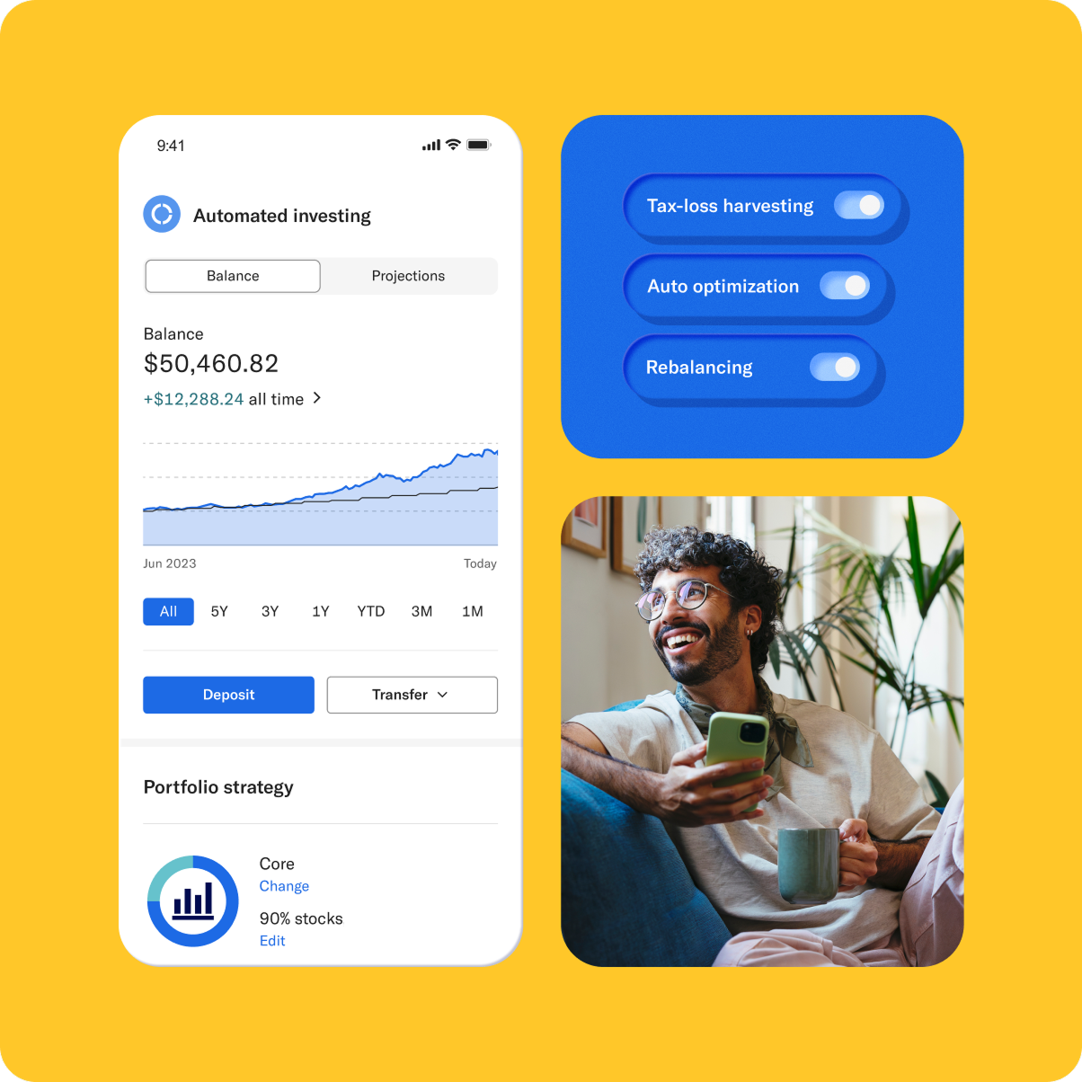Betterment app showing automated investing balance and growth chart, with tax-loss harvesting, auto optimization, and rebalancing features enabled.